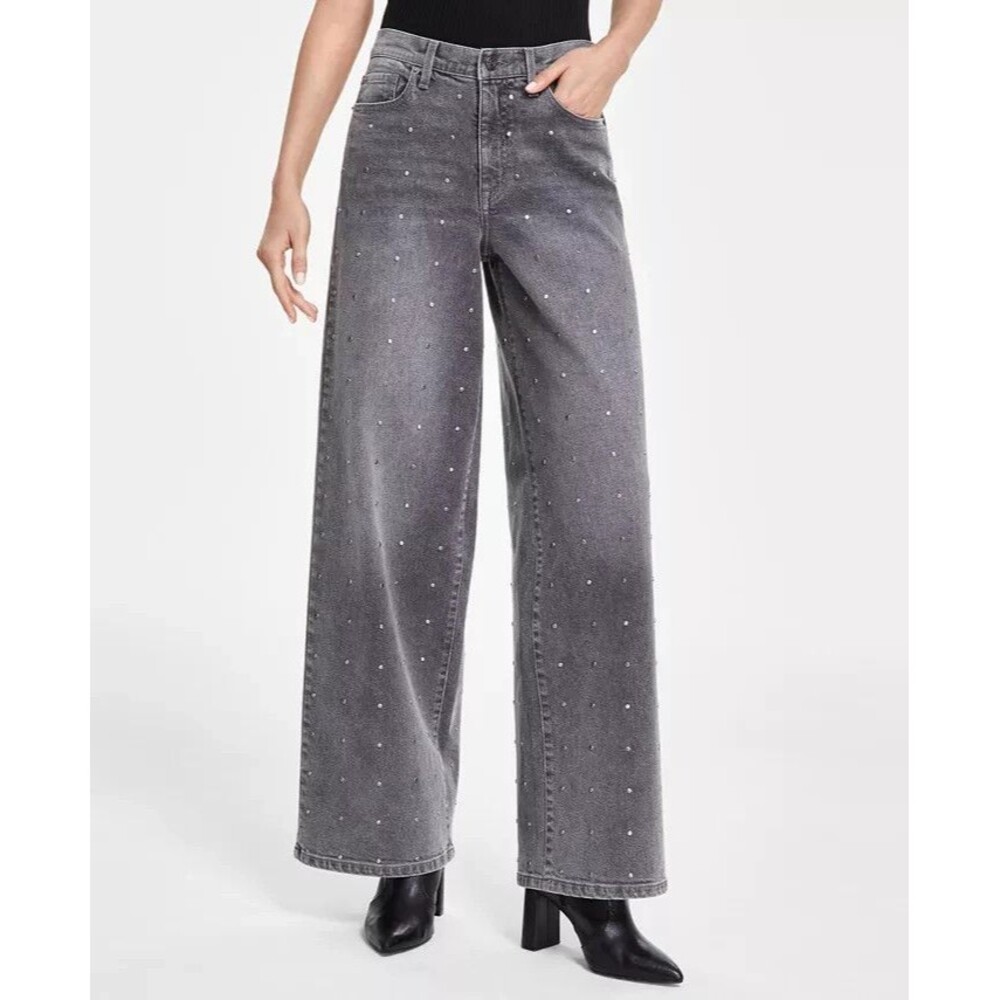 DKNY Jeans Womens Trendy High-Rise Rhinestone Wide-Leg Jeans Washed Noir Gray 25 - Picture 3 of 15